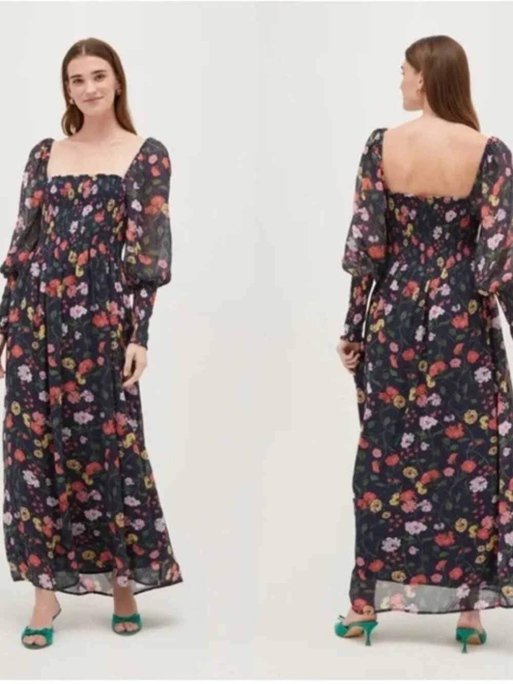 Hill House The Grace Maxi Nap Dress Smocked Floral Long Puff Sleeve Blue Size XS